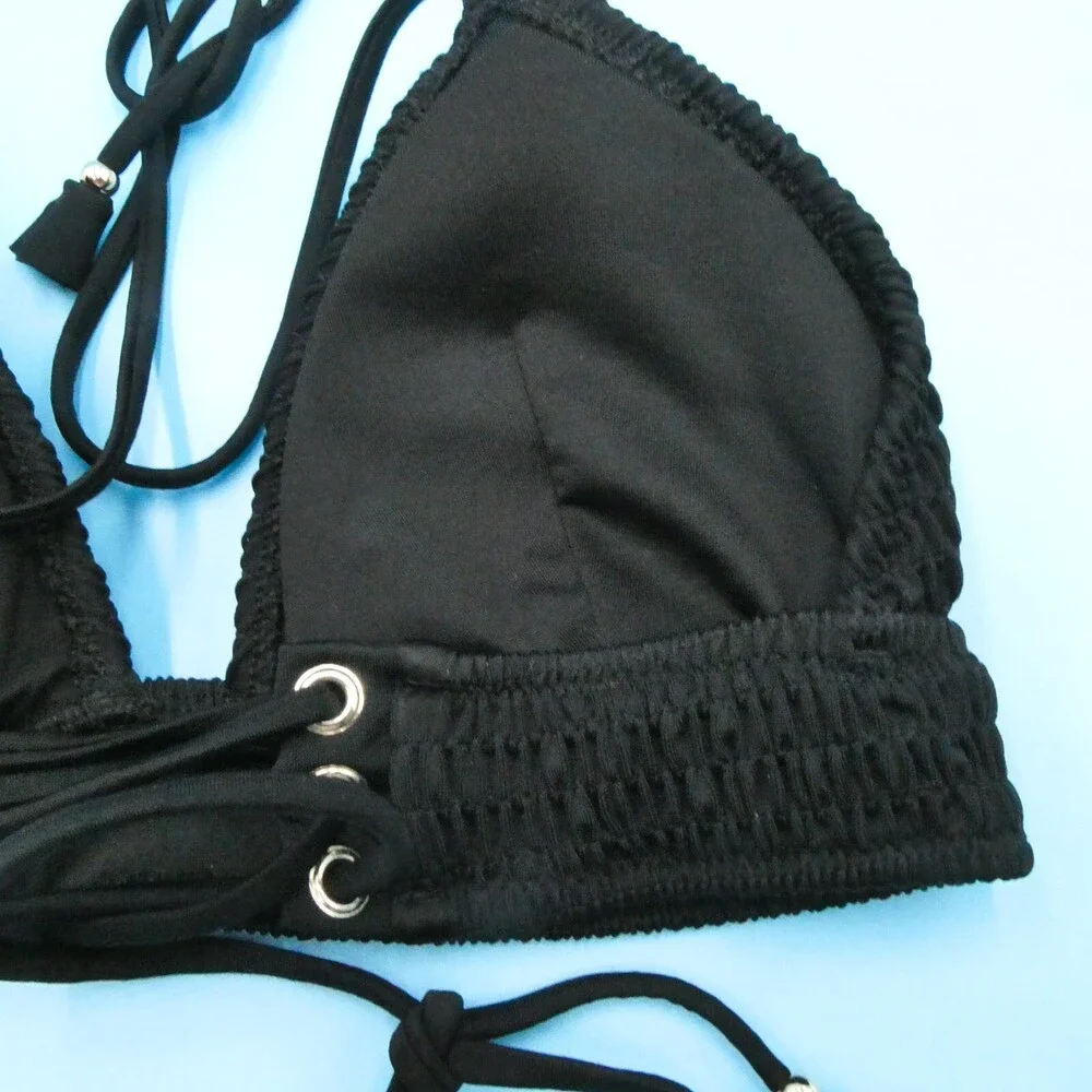 Victorias Secret Medium Black Triangle Halter Ruched Fabric Bikini Top Swimwear‎